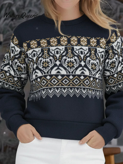 Retro Fair Isle Print Brushed Crew Neck Sweatshirt Pullover