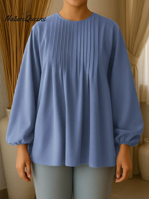 Women's Solid Color Round Neck Long Sleeve Casual Loose Pleated Top Coffee