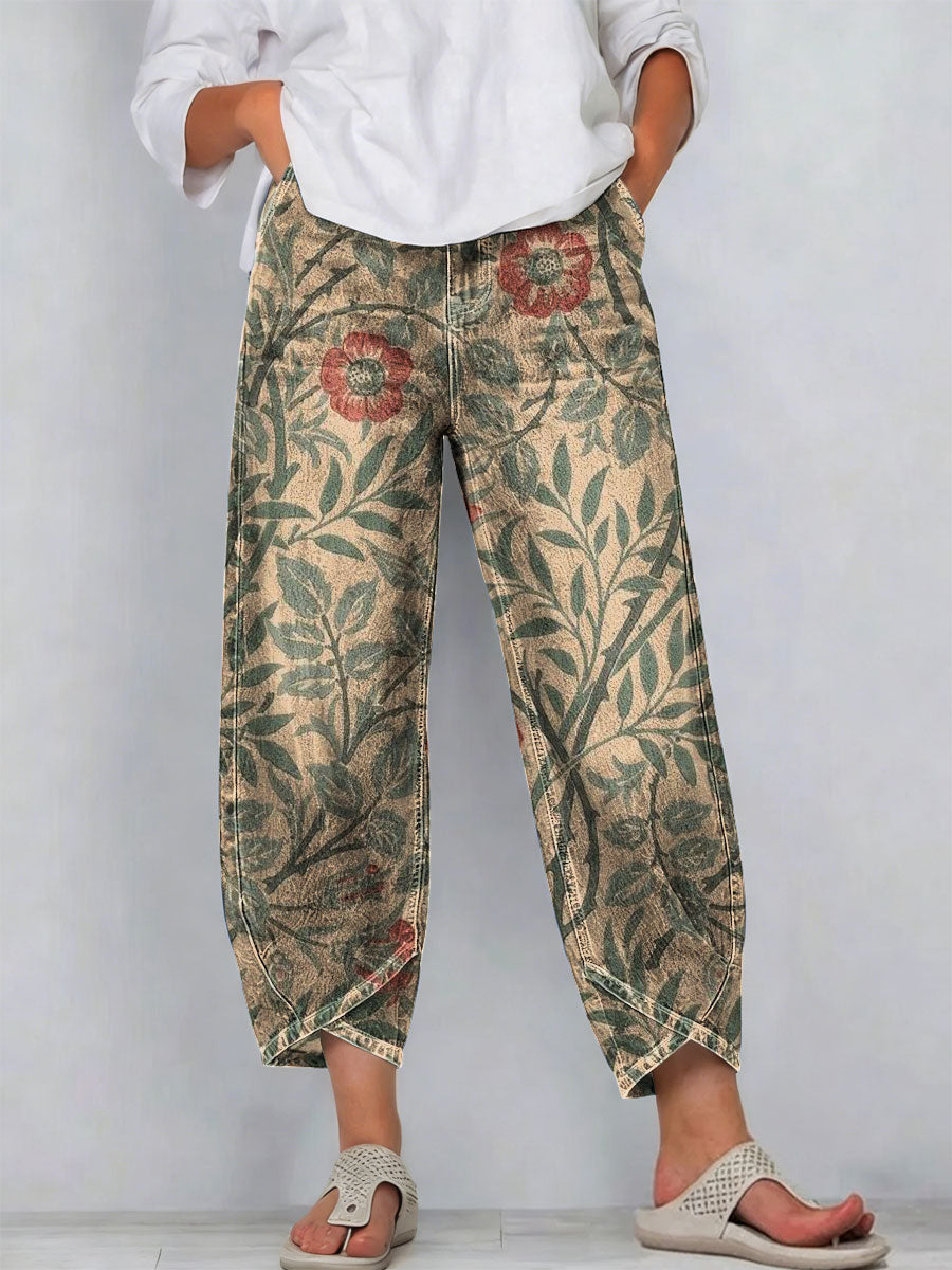Women's Vintage Nationality Pattern Art Prints Casual Denim Cotton Pants