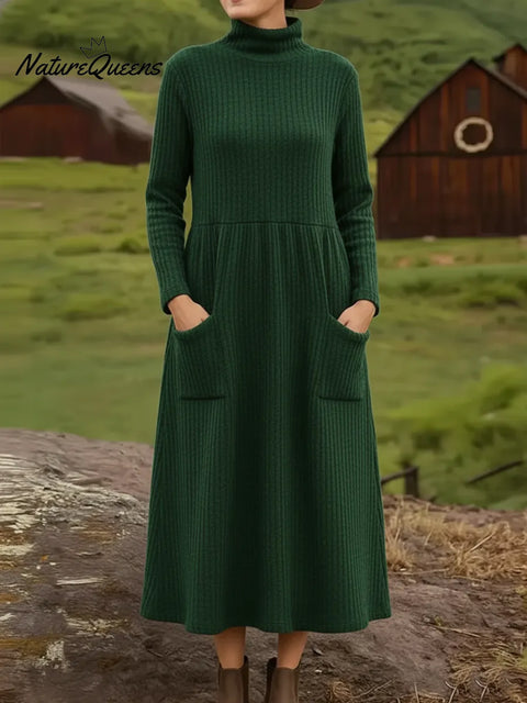 Retro Casual Turtleneck Pocket Knit Midi Dress