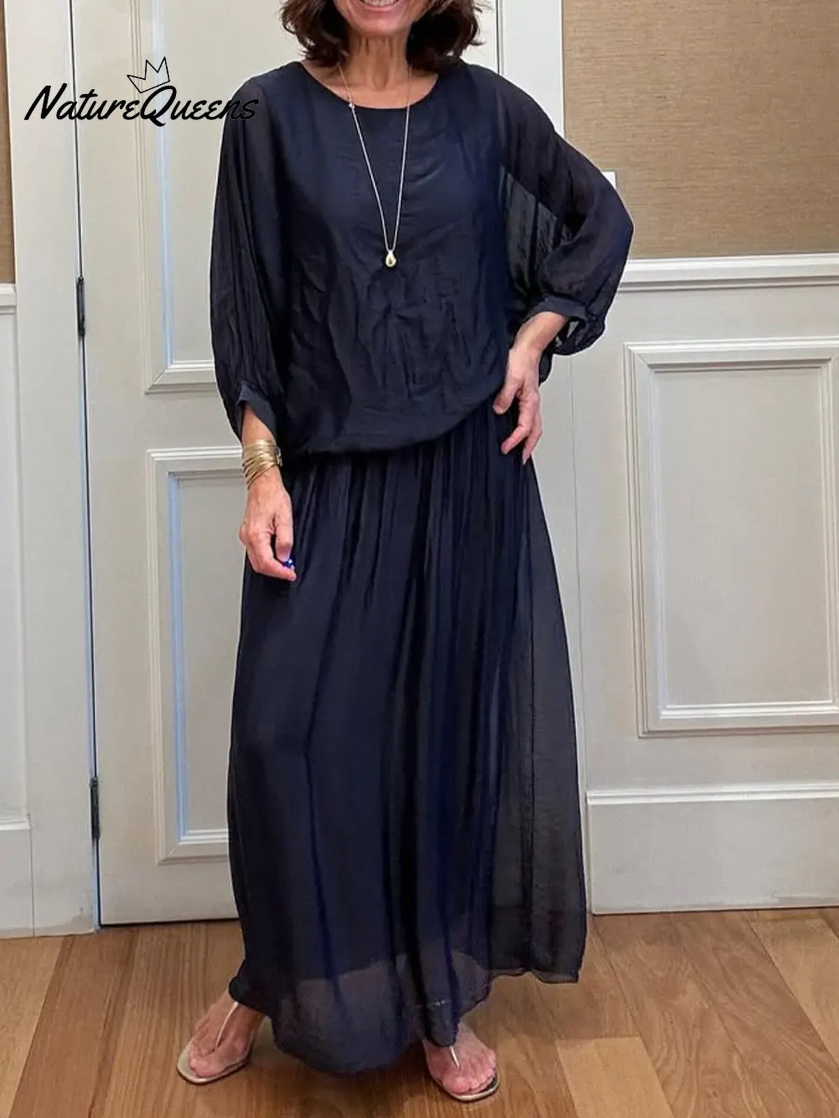 Women's Solid Color Round Neck 4/3sleeve Casual Loose Cotton Linen Top And High-waisted Casual Loose A-line Skirt Set