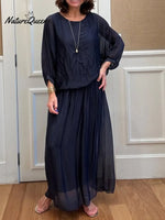 Women's Solid Color Round Neck 4/3sleeve Casual Loose Cotton Linen Top And High-waisted Casual Loose A-line Skirt Set