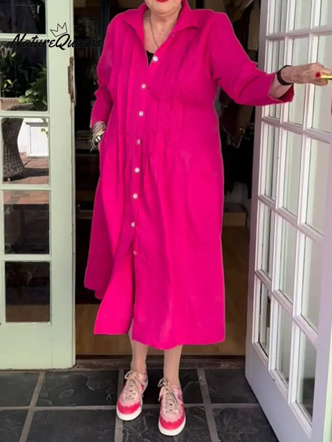 Women's Solid Color Collared Long-sleeved Casual Pleated Loose Cotton Dress