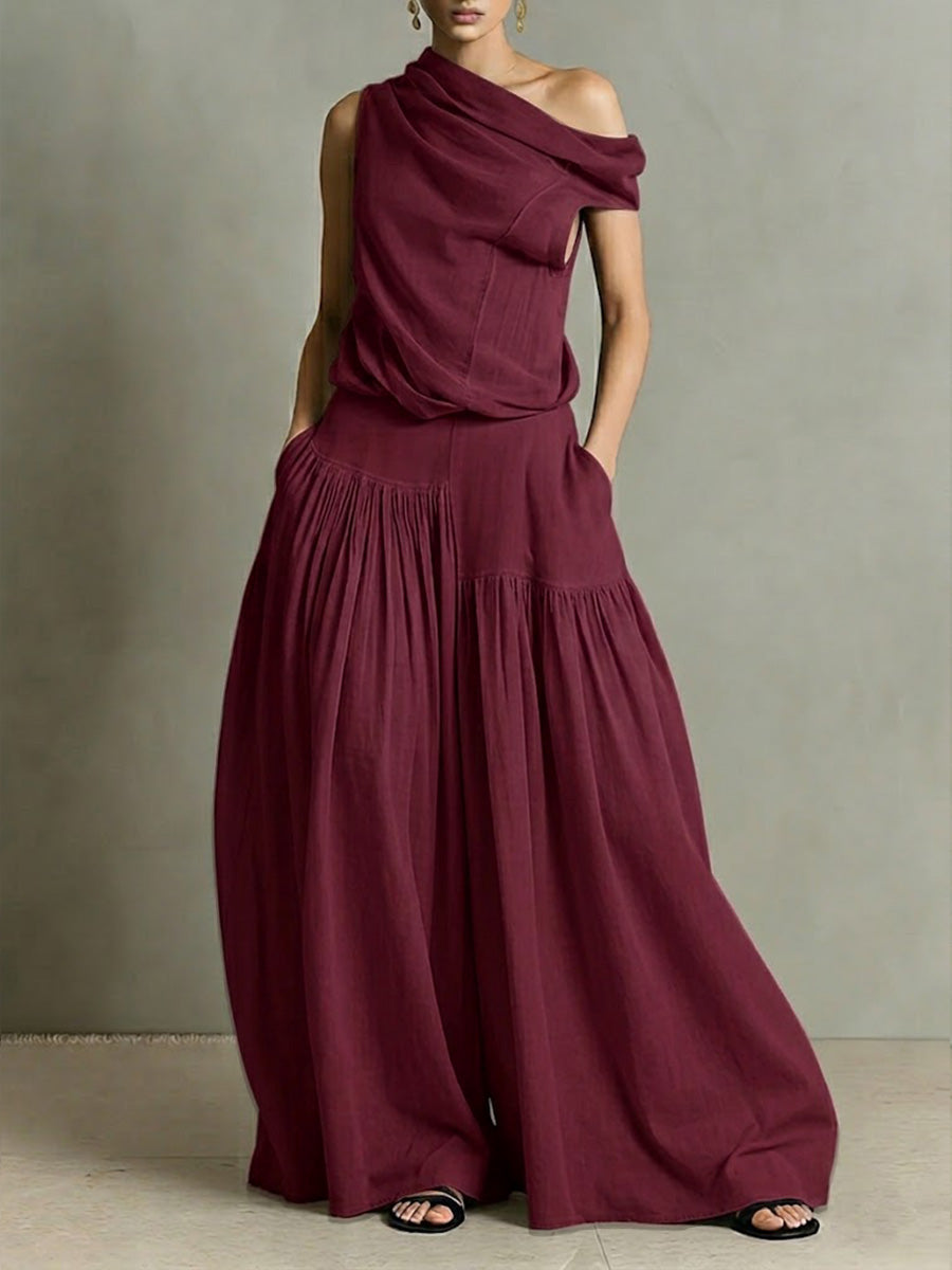 Women's Round Neck Sleeveless Casual Loose Top And High-waisted Casual Loose Wide-leg Pants Cotton And Linen Set