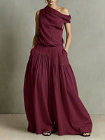 Women's Round Neck Sleeveless Casual Loose Top And High-waisted Casual Loose Wide-leg Pants Cotton And Linen Set