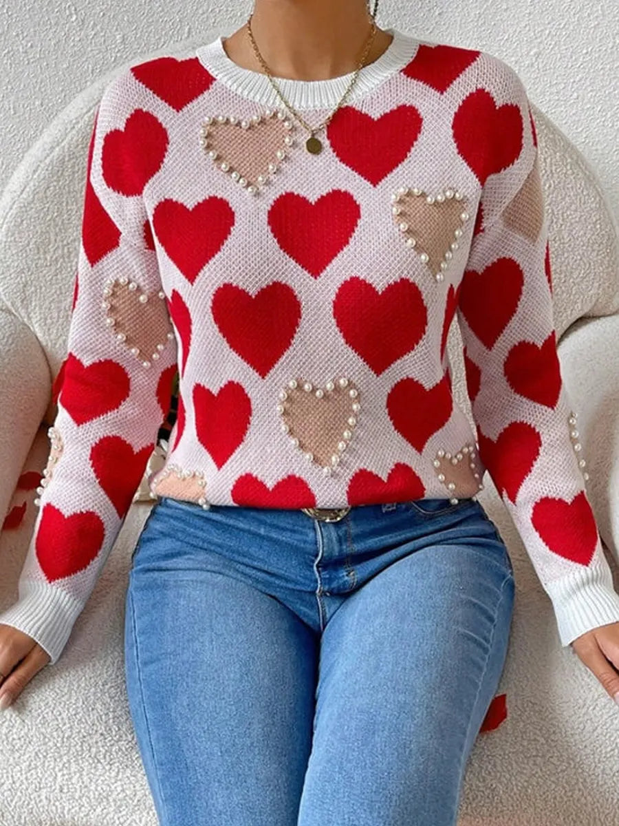 Women's Hearts Valentine's Day Pattern Art Print Casual Cotton Sweater