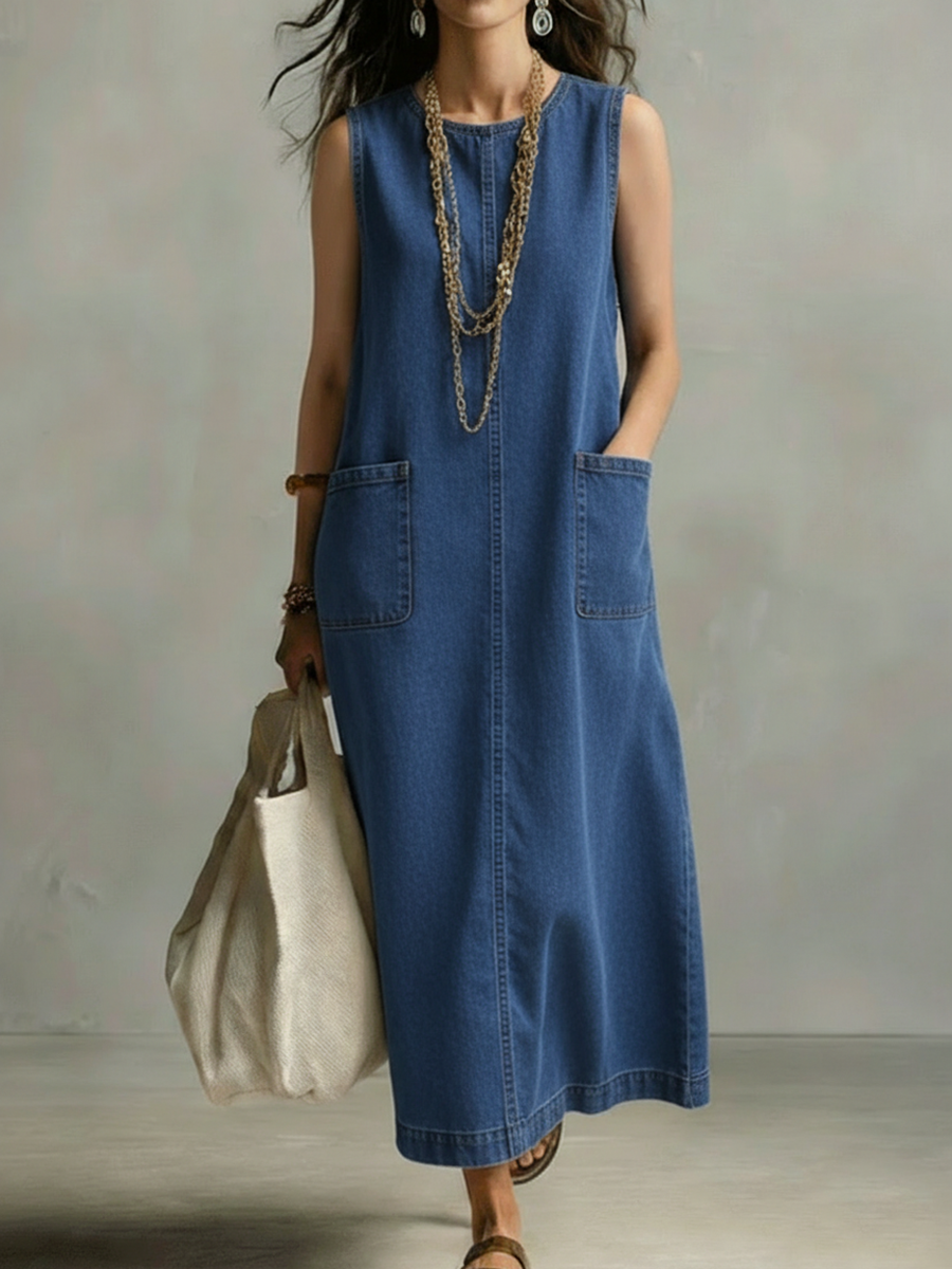 Casual Minimalist Patch Pockets Denim Dress