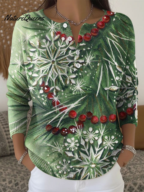 Women's Retro Christmas Trees Snowflake Pattern Art Print Buttoned Cardigan Sweater