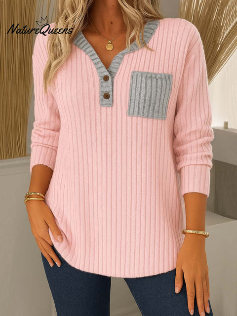 Women's V-neck Long Sleeve Contrast Color Casual Loose Knit Top
