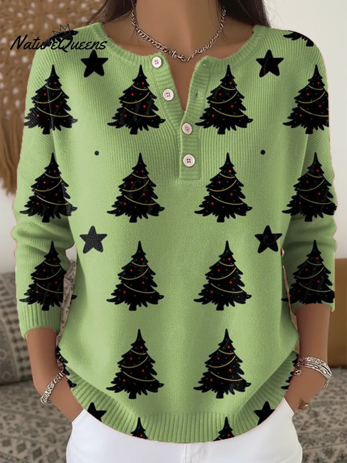 Women's Christmas Tree Pattern Art Print Casual Cardigan Sweater
