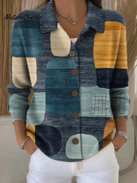 Women's Retro Patchwork Geometric Abstract Pattern Art Print Cowl Neck Sweater