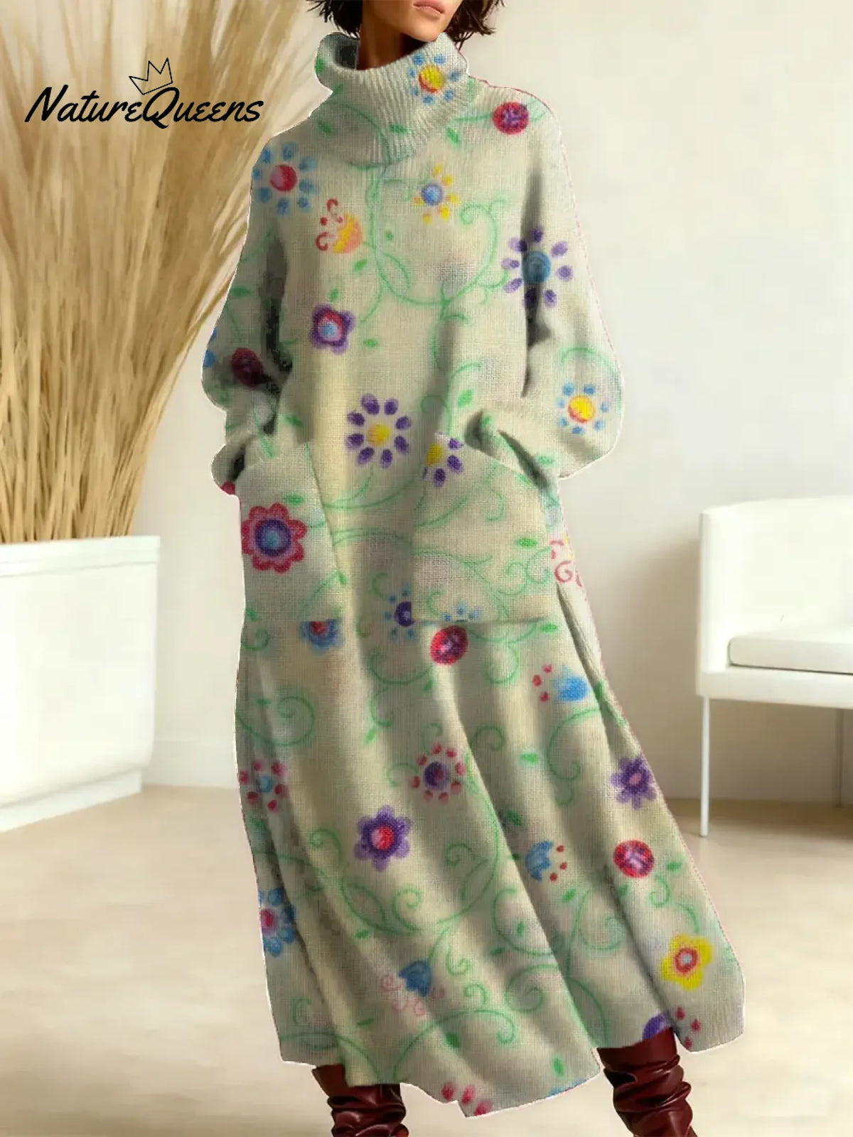 Women's Floral Pattern Art Print Casual Cotton Knitted Dress