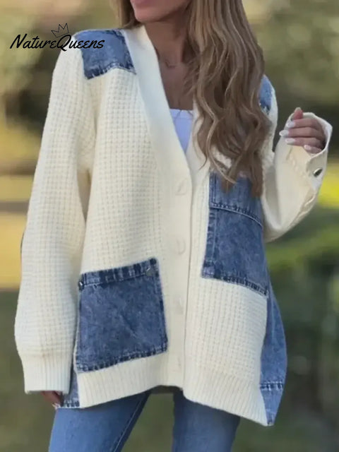 Women's Casual Loose Patchwork Denim Cardigan Sweater