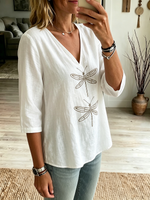 Boho Dragonfly-print Cozy V-neck Cotton-linen Shirt