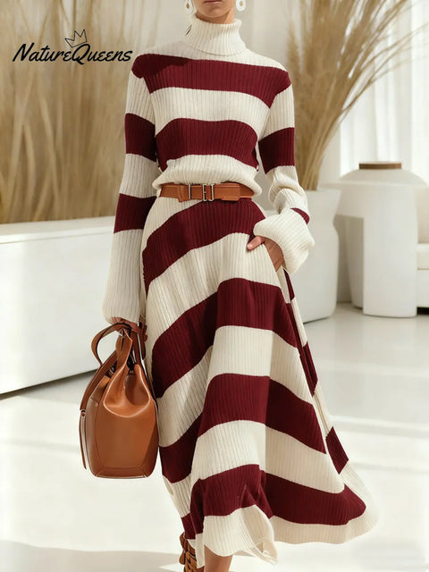 Women's Color-blocked Striped Turtleneck Long-sleeved Casual Loose Knit Dress