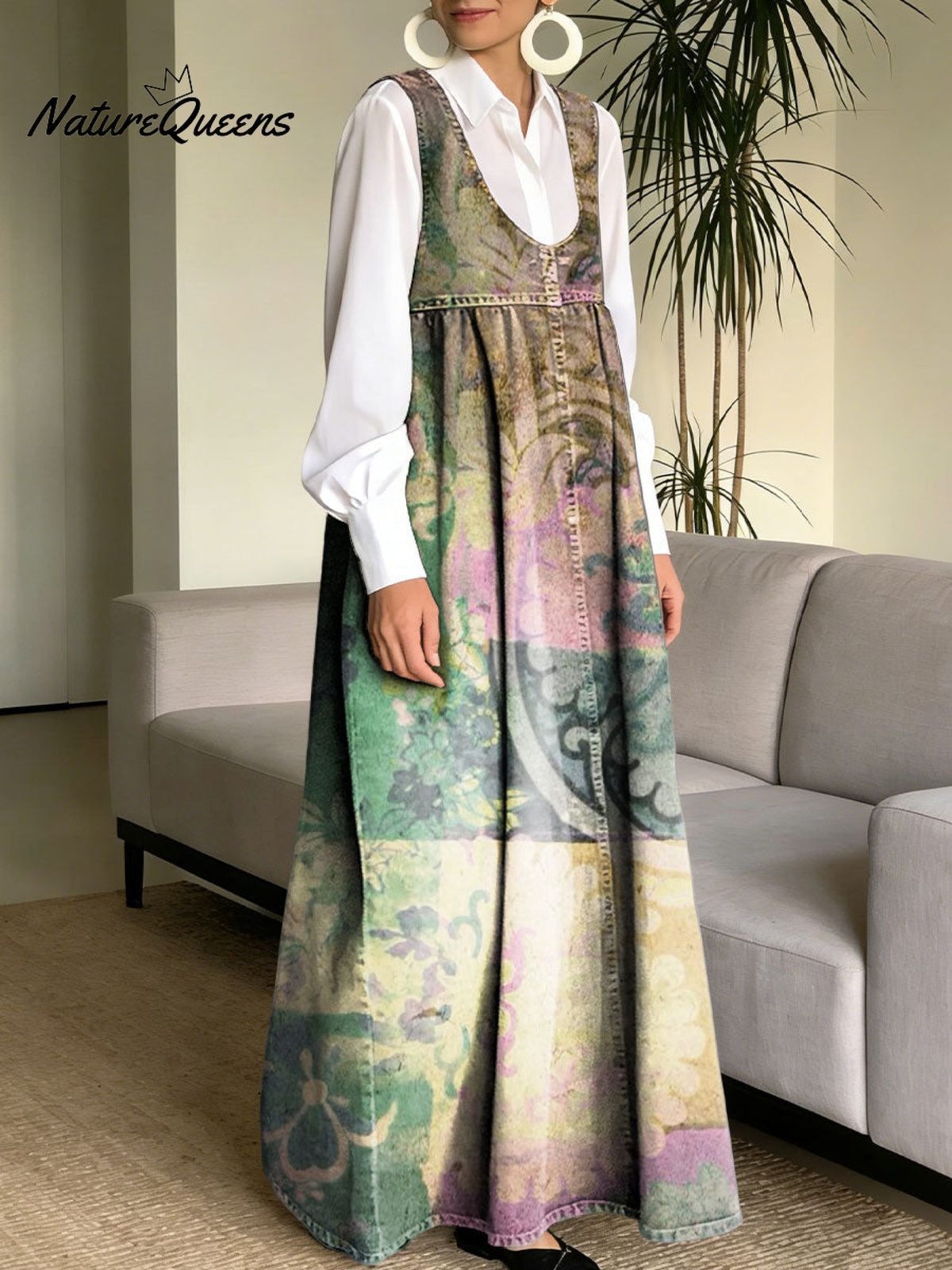 Women's Simple Flowers Pattern Art Print Casual Cotton Denim Dress