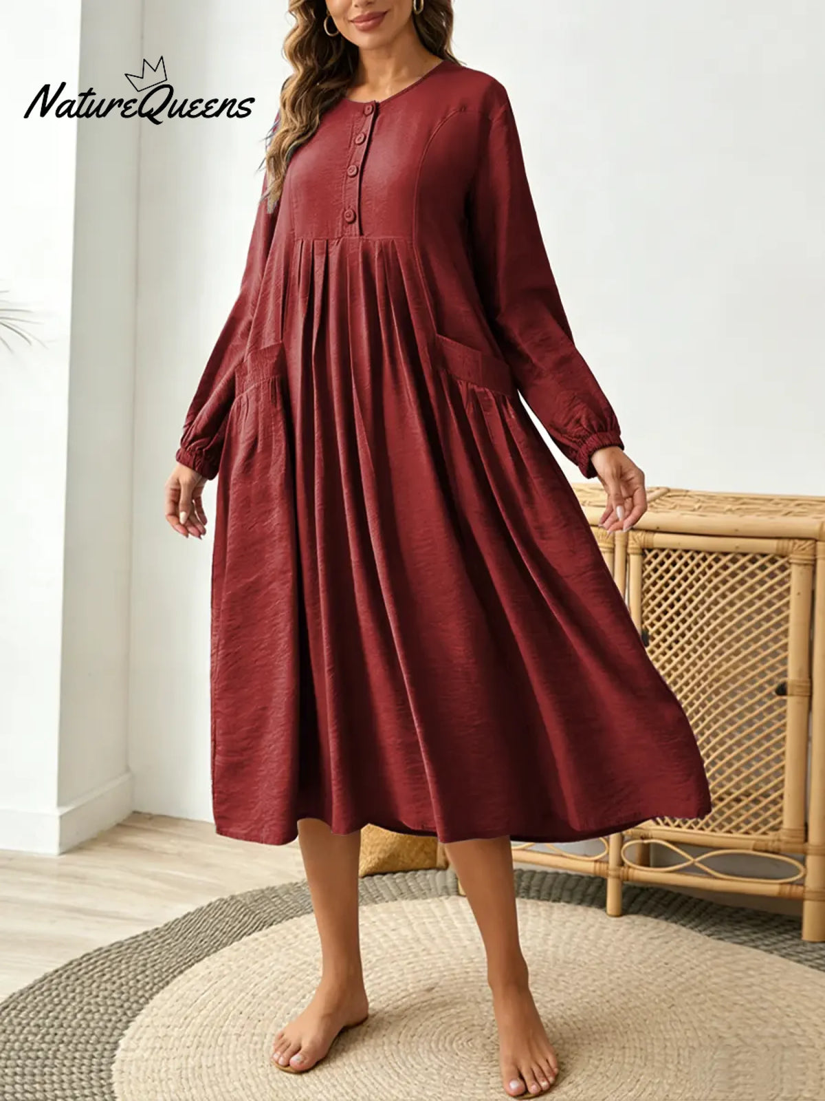 Women's Solid Color Round Neck Long-sleeved Casual Loose Cotton And Linen Dress
