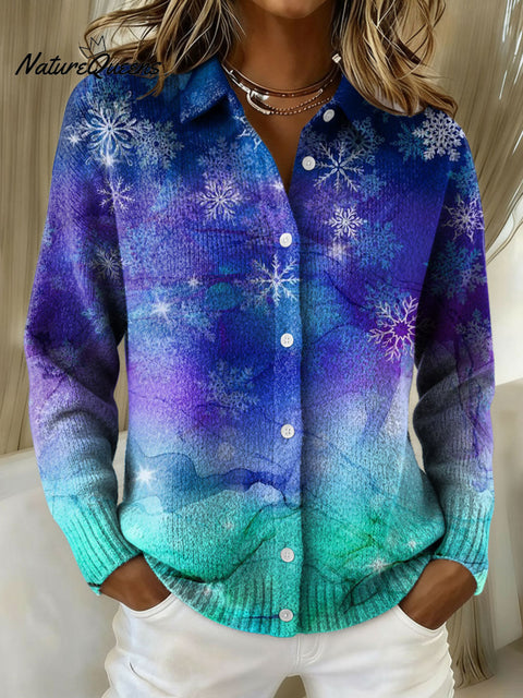 Women's Christmas Gradient Snowflakes Pattern Art Print Cowl Neck Sweater