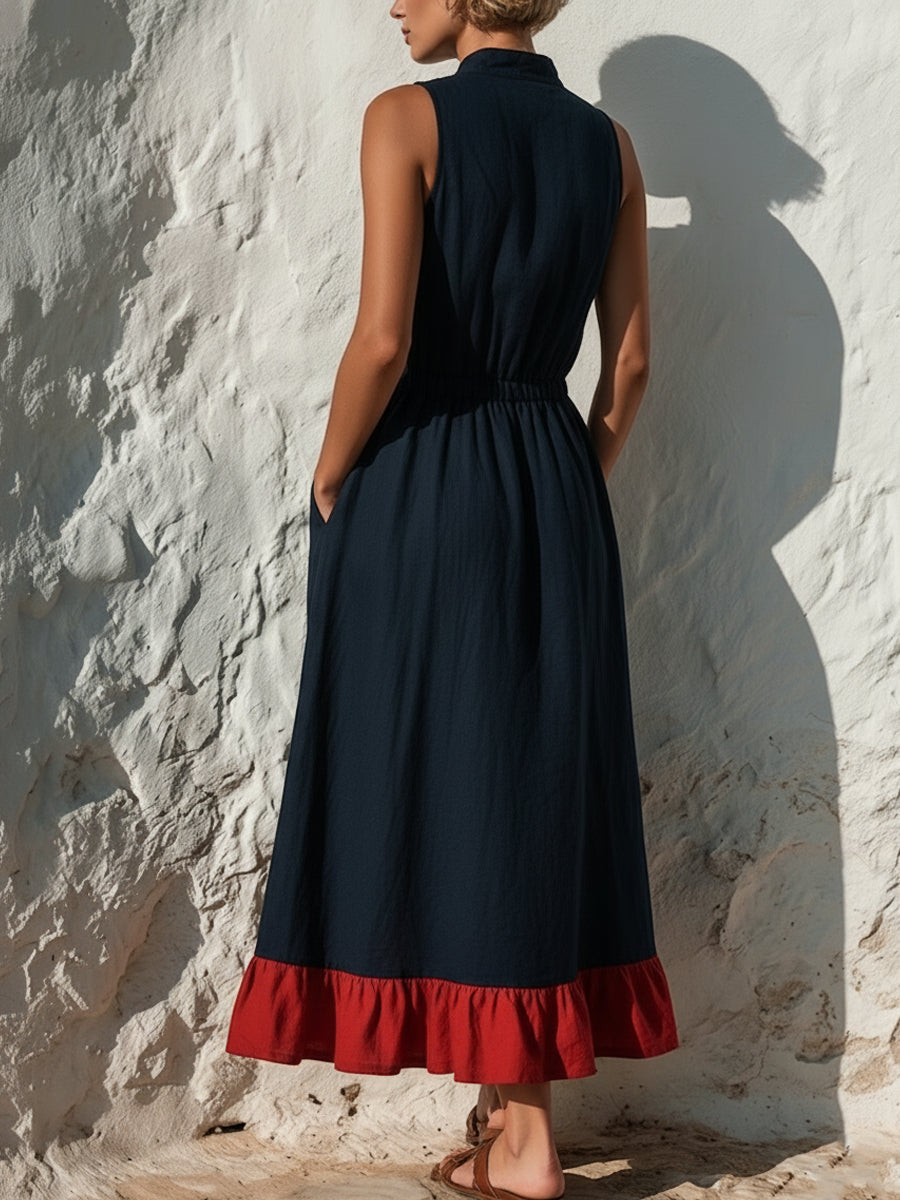 Navy Red Ruffle Hem Stand Collar Sleeveless Midi Cotton Dress