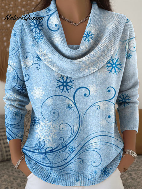 Women's Christmas Snowflake Pattern Art Print Cowl Neck Sweater