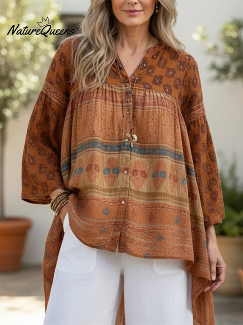 Boho Cozy Retro Print Cotton Linen Shirt