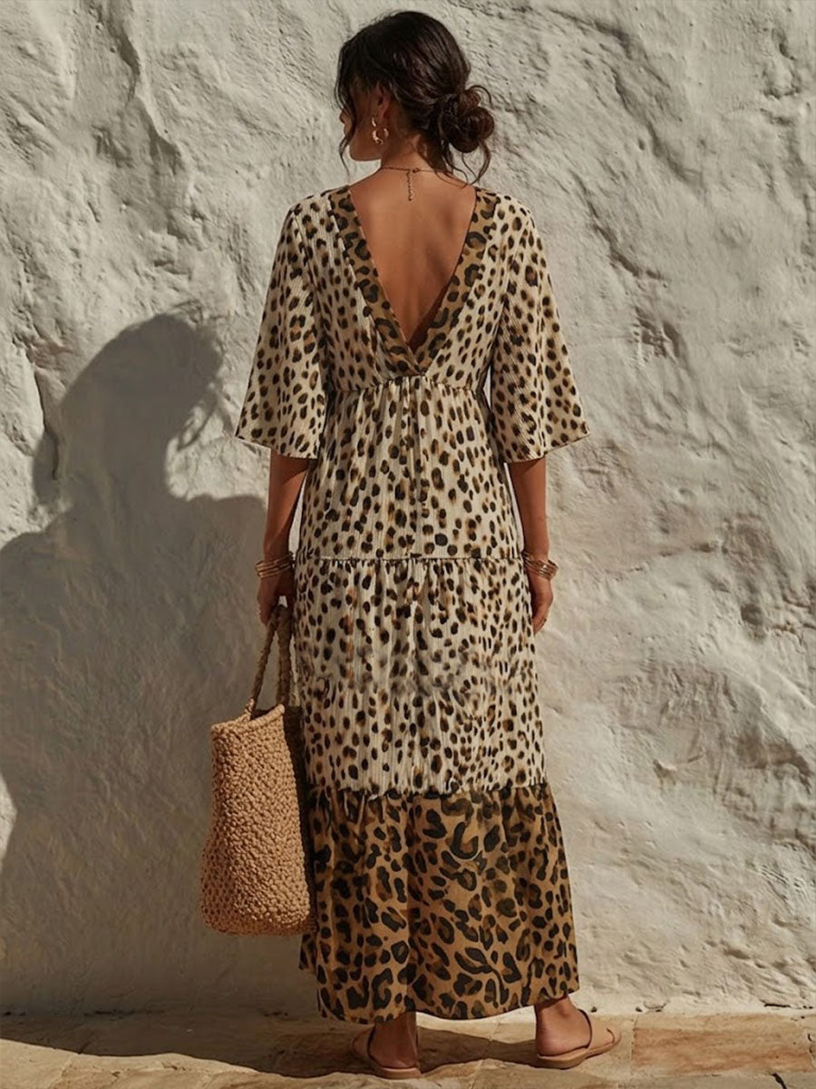 Women's Bohemian Leopard Print Long V-neck Dress