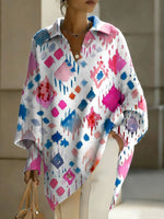 Women's Abstract Art Geometry Patterns V-neck Long-sleeved Casual Loose-fitting Knitted Pullover Sweater