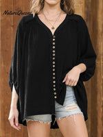 Women's Solid Color V-neck 3/4 Sleeve Casual Loose Cotton Shirt