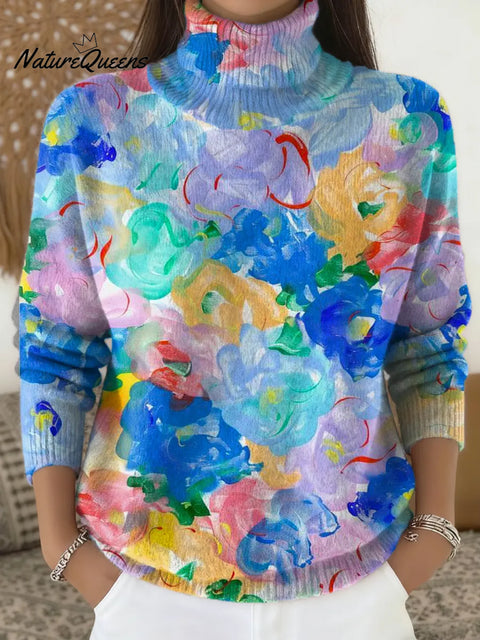 Women's Floral Pattern Art Print Knit Turtleneck Pullover Sweater