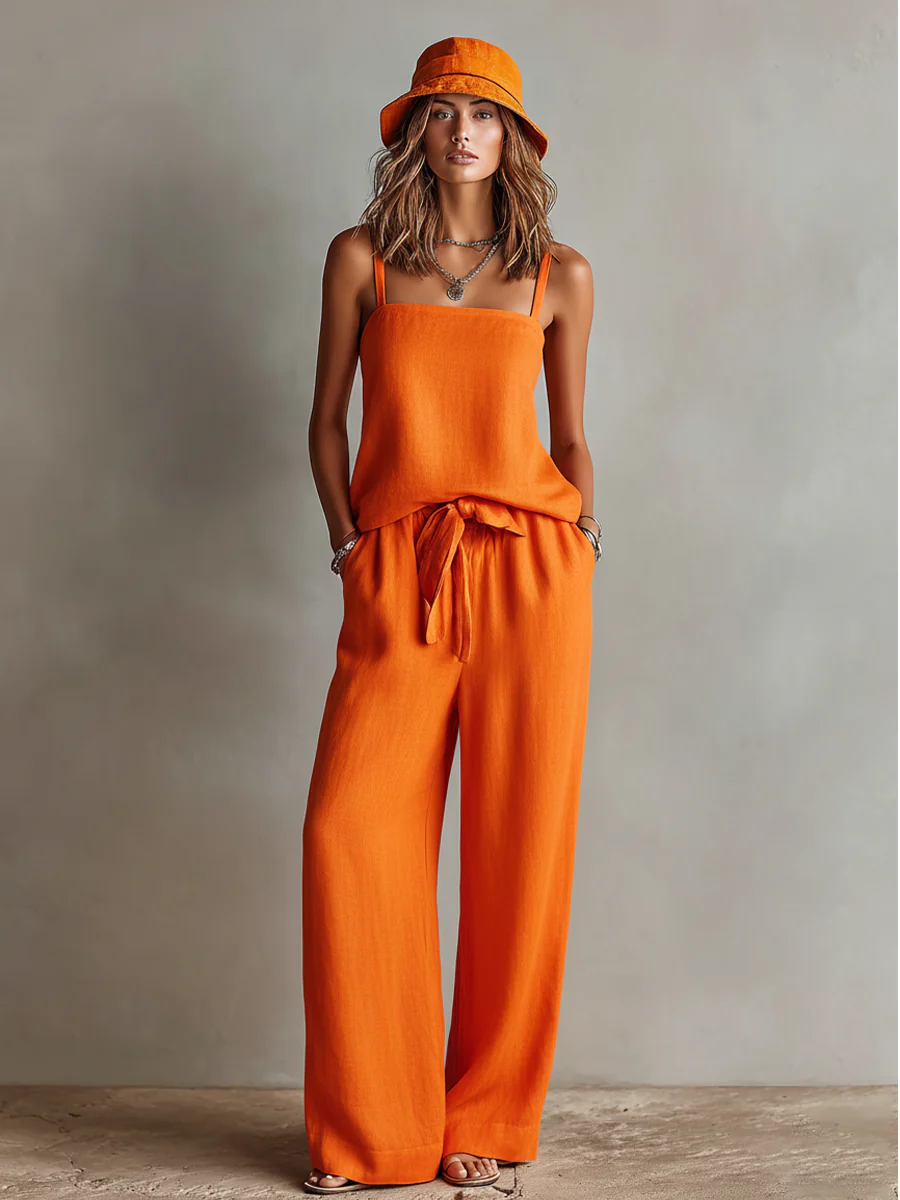 Casual & Simple Bright Orange Cotton-linen Two-piece Set