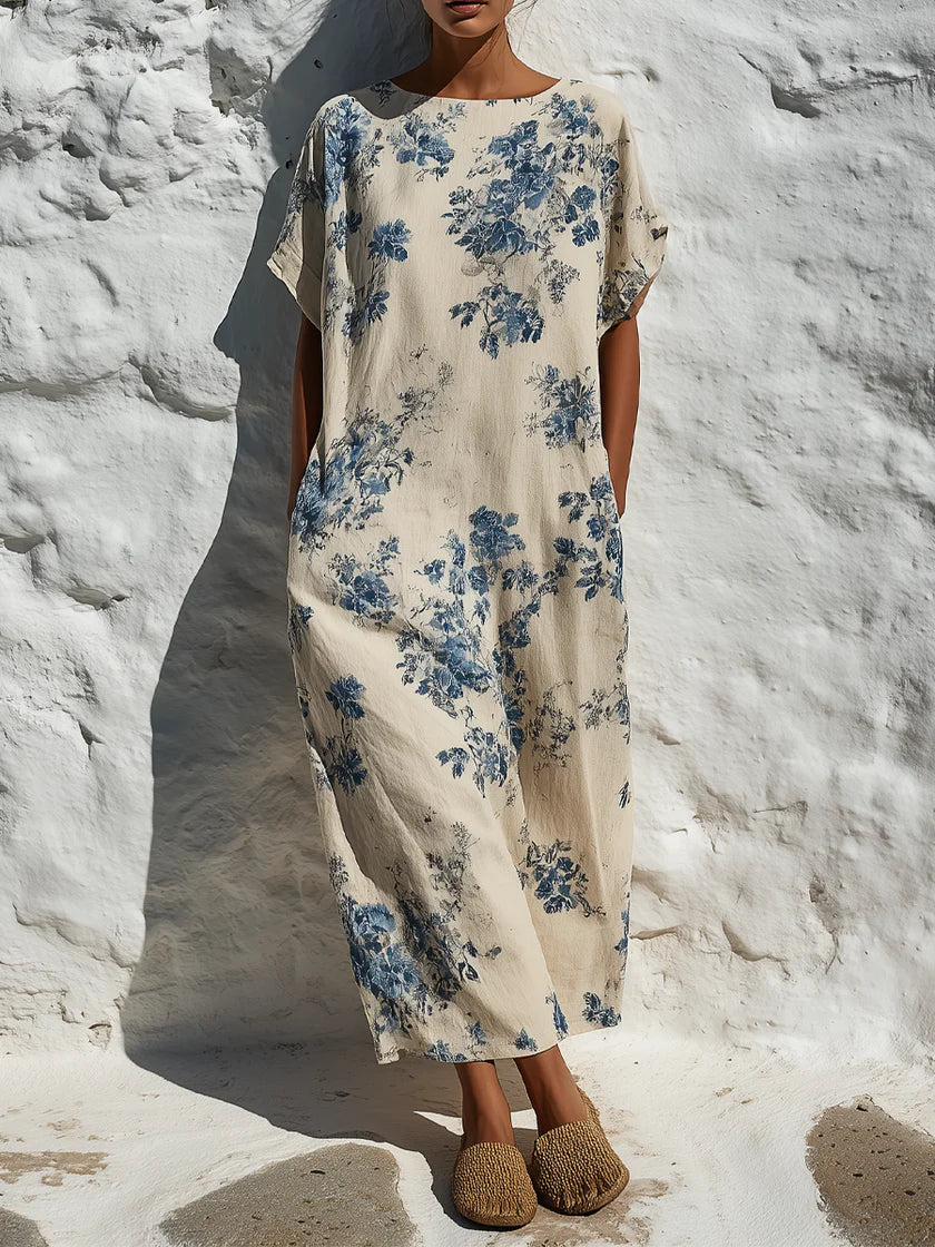 Women's Vintage Floral Print Cotton-linen Maxi Dress