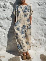 Women's Vintage Floral Print Cotton-linen Maxi Dress