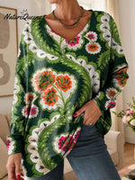 Women's Floral Pattern Art Print V-neck Casual Cotton T-shirt