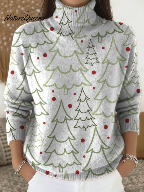 Women's Minimalist Line Christmas Tree Print Turtleneck Sweater