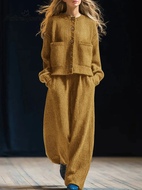 Women's Solid Color Round Neck Long Sleeve Casual Loose Knit Cardigan Elastic Waist Casual Loose Wide Leg Pants Set