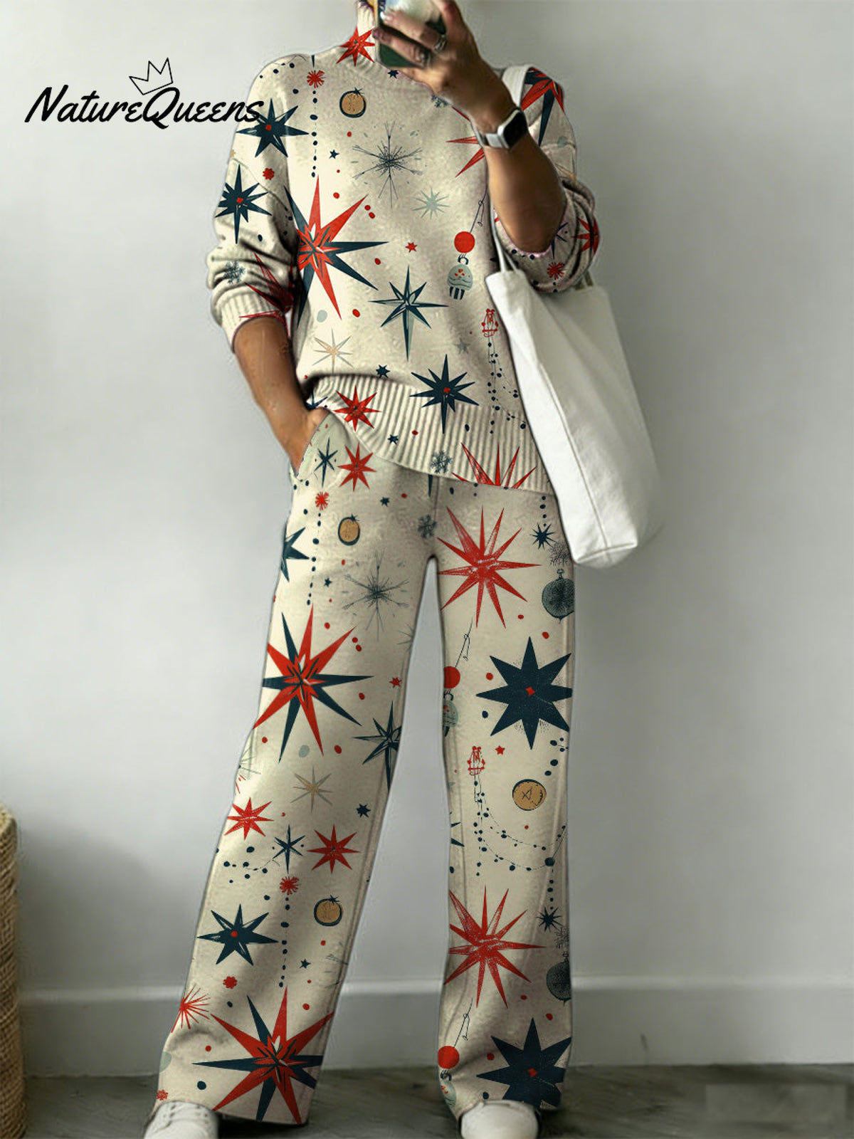 Sparkling Star Decorative Pattern Casual Stand Collar Long Sleeve Top And Elastic Waistband Pants
