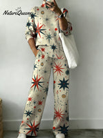Sparkling Star Decorative Pattern Casual Stand Collar Long Sleeve Top And Elastic Waistband Pants