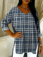 Geometric Grid And Stripe Decorative Patterns Women's Casual V Neck Collar Shirt