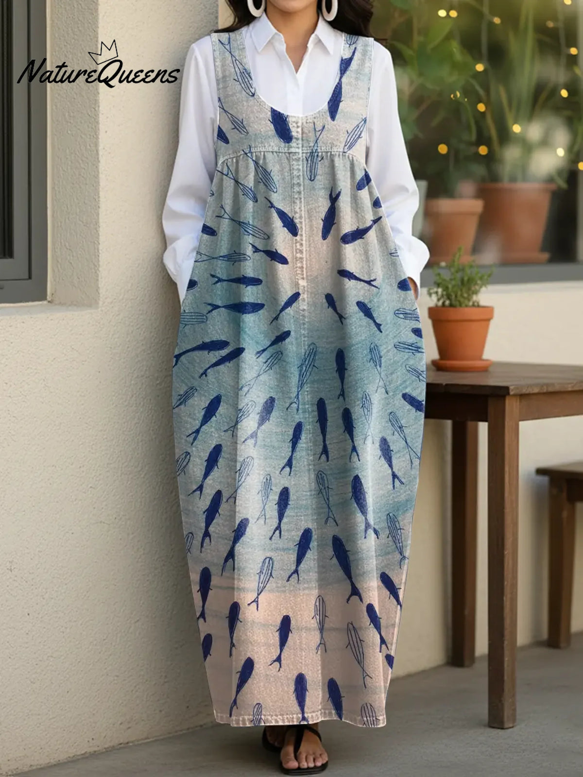 Women's Vintage Art Little Fish Casual Loose Denim Vest Dress