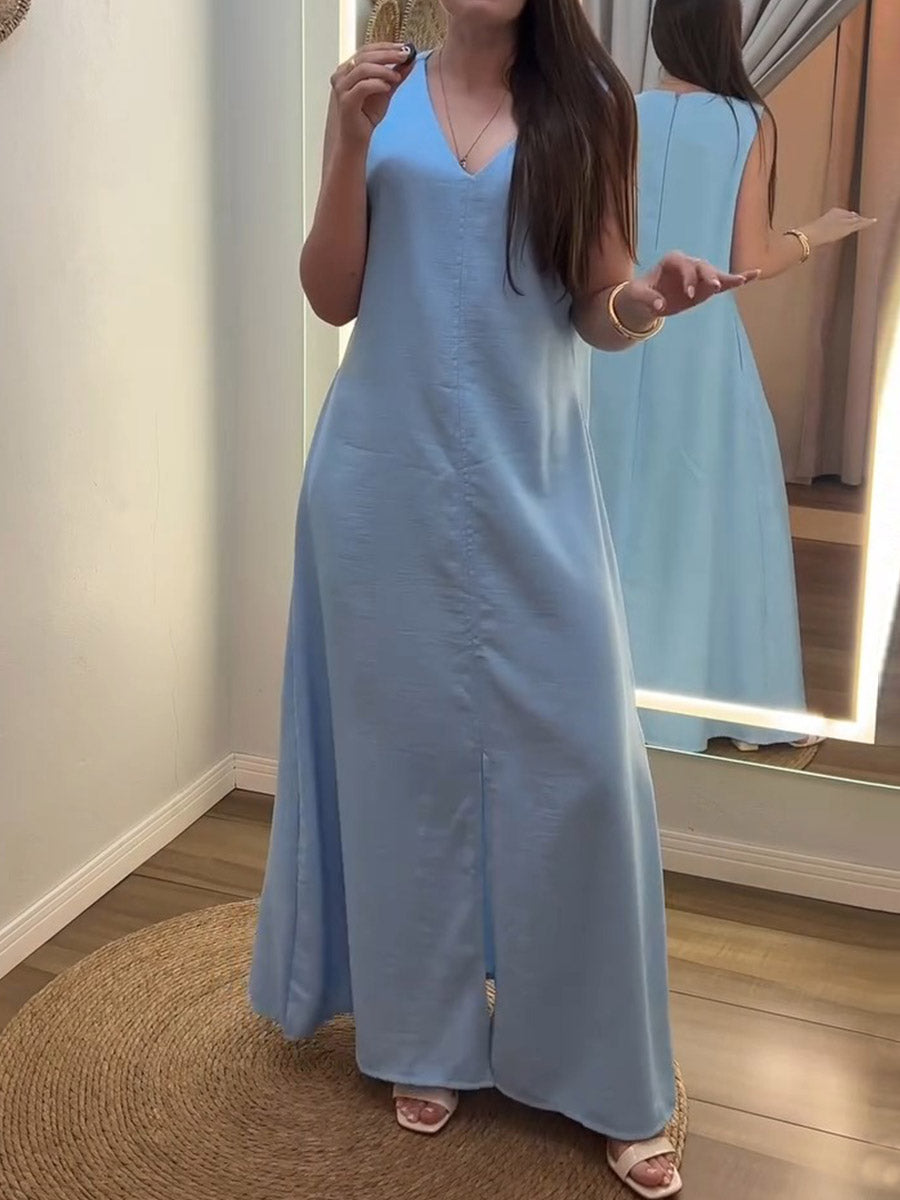 Women's Solid Color V-neck Sleeveless Casual Loose Cotton And Linen Dress