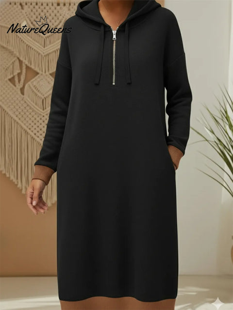 Casual Hooded Color-blocked Knit Dress