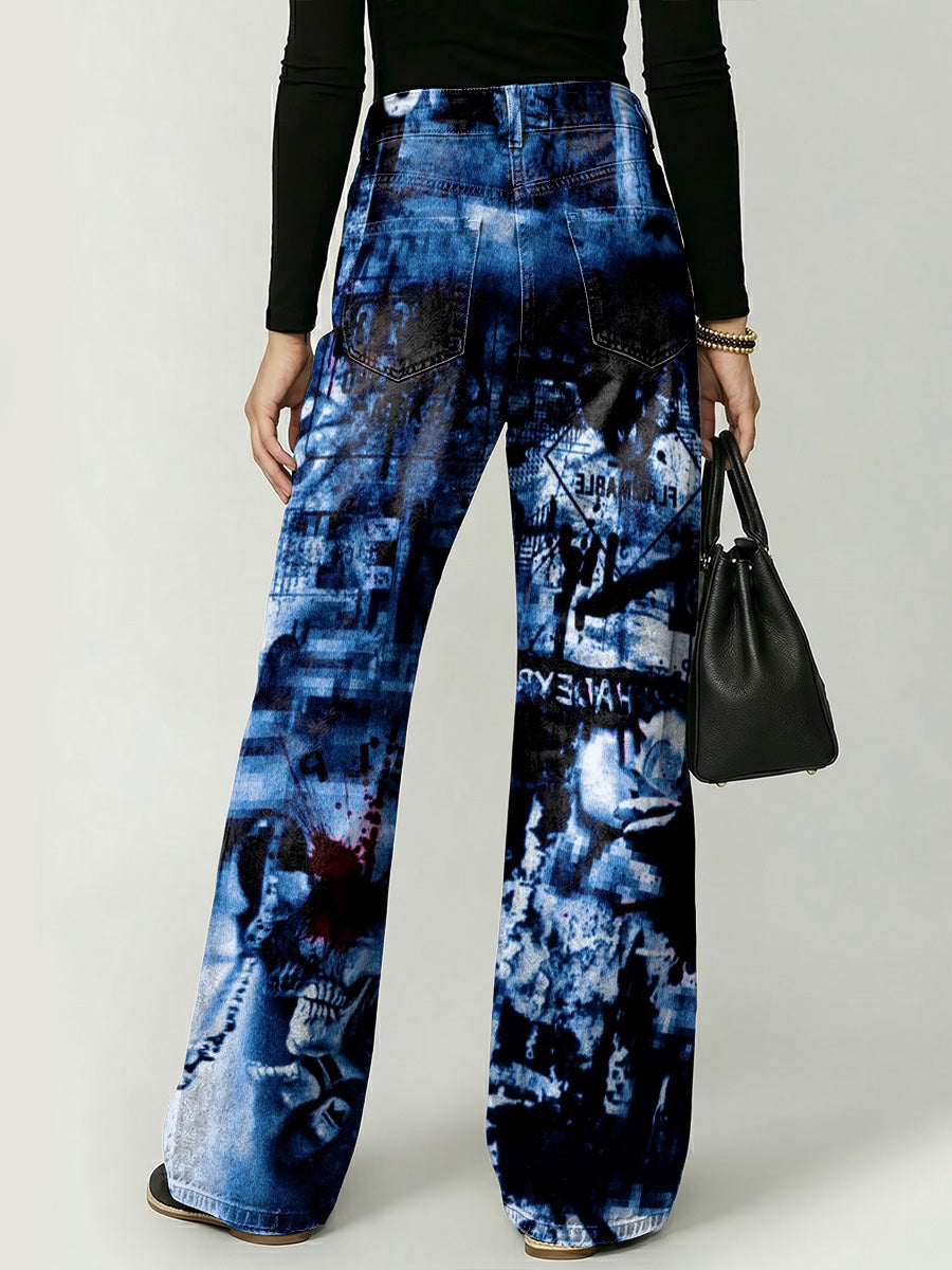 Retro-inspired Decorative Patterns Women's Casual Denim Pants
