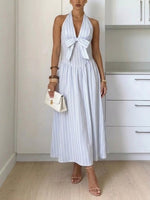 Women's Halter Dress With Blue Stripes And Bow Decoration
