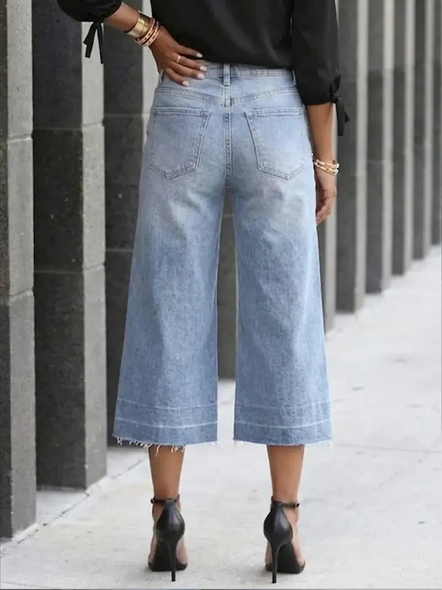 Women's Casual Design Denim Cropped Wide-leg Pants