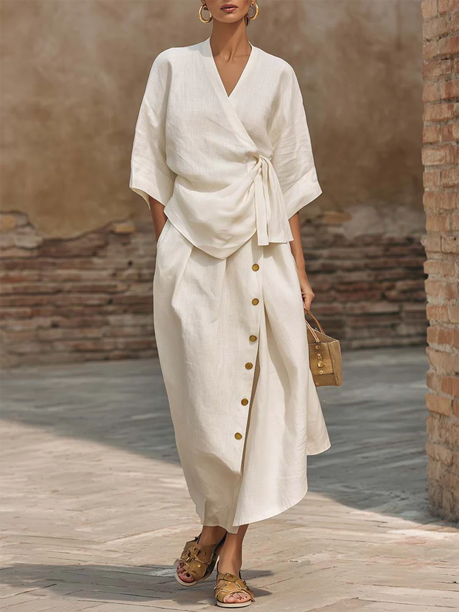 Casual Tie-front Shirt & Skirt Cotton Linen Two-piece Set