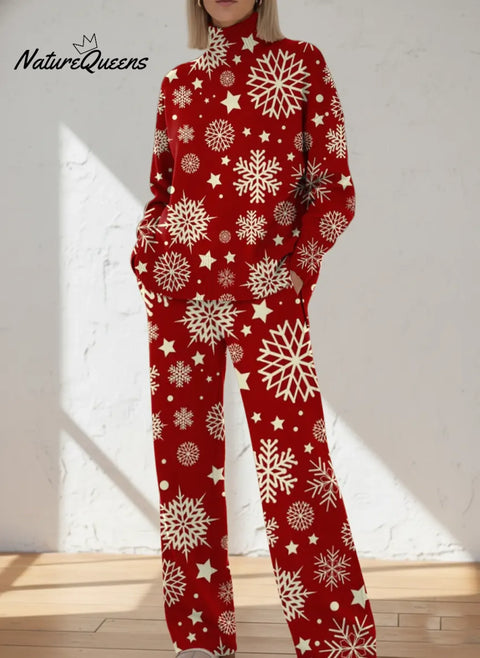 Women's Snowflake Pattern Art Print Casual Knitted Cotton Top Pants Suit