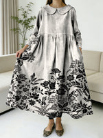 Ancient And Elegant Floral Decorative Patterns Women's Casual Peter Pan Collar Long Sleeve Dress