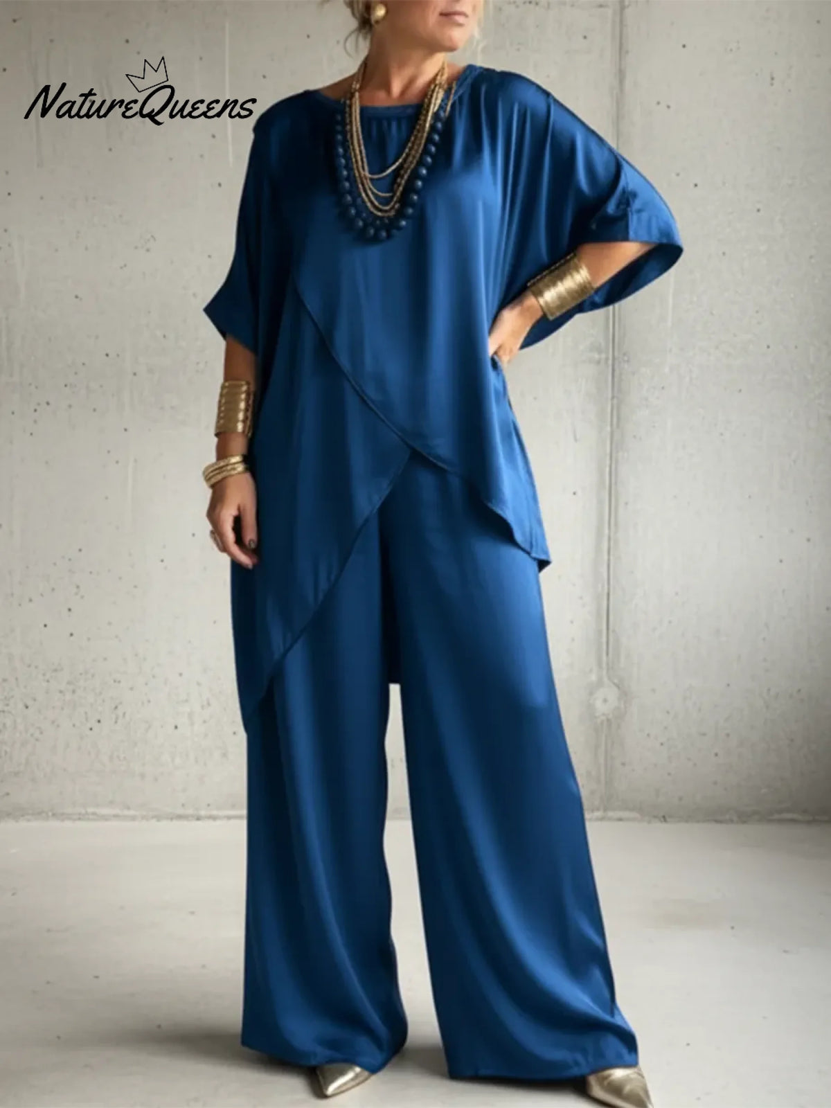 Women's Elegant Satin Top And Wide-leg Pants Two-piece Set