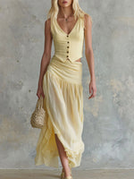 Women's Yellow Sleeveless V-neck Vest And Chiffon Skirt Set