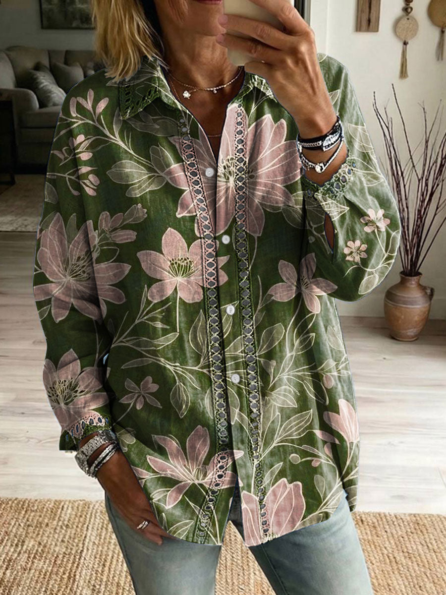 Floral Flowers Art Patterns Casual Patchwork Openwork Webbing Linen And Cotton Shirt
